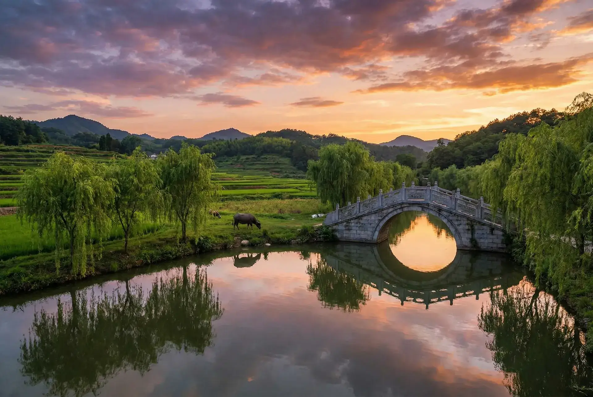 夕阳下的石拱桥与垂柳，水牛在河边吃草 - 我的好妈妈8中字在线观看 乡村美景